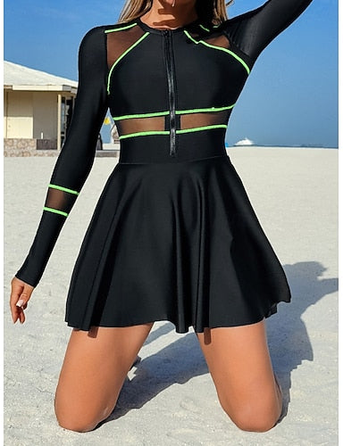 Swimwear One Piece Swimsuit Patchwork Zipper Mesh Vacation Beach Wear Color Block Round Neck Long Sleeve Bathing Suits
