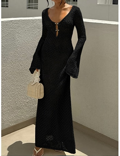 Swimwear Cover Up Swim Dress Swimsuit Crochet Vacation Beach Wear Color V Neck Long Sleeve Bathing Suits