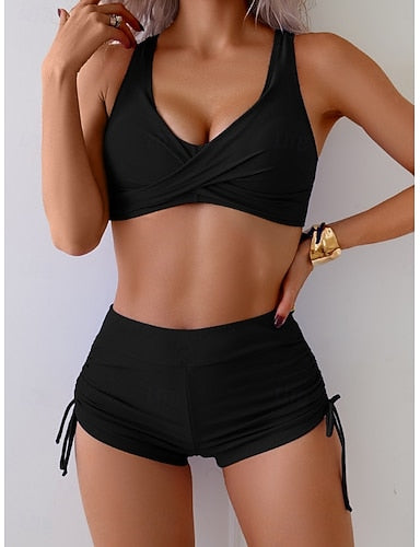 Bikini 2 Piece Swimsuit Briefs Slim Backless Vacation Beach Wear Color V Neck Sleeveless Bathing Suits