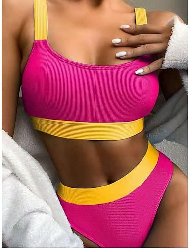 Swimwear Bikini 2 Piece High Waist Swimsuit Patchwork Slim Backless Vacation Beach Wear Stripe U Neck Sleeveless Bathing Suits