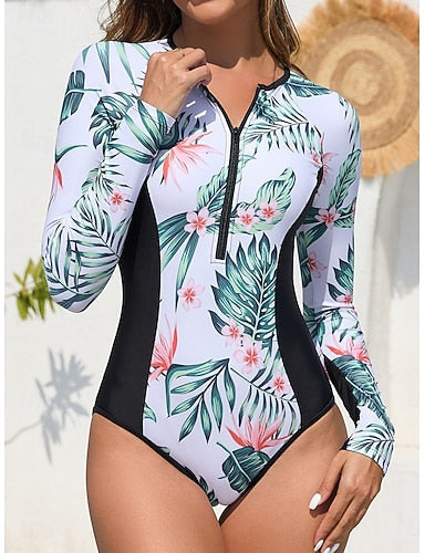 Swimwear One Piece Monokini Swimsuit Tummy Control High Waist Slim Vacation Beach Wear Round Neck Long Sleeve Bathing Suits