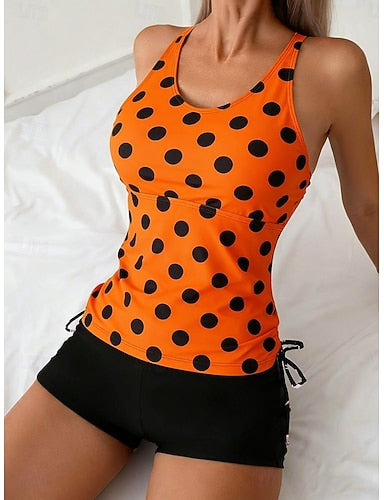 Swimwear Tankini 2 Piece High Waist Swimsuit Tummy Control High Waist Slim Backless Vacation Beach Wear Polka Dot U Neck Sleeveless Bathing Suits