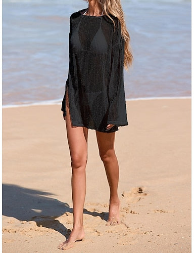Swimwear Cover Up Swim Dress Dress Swimsuit Cutout Patchwork Vacation Beach Wear Color Round Neck Long Sleeve Bathing Suits