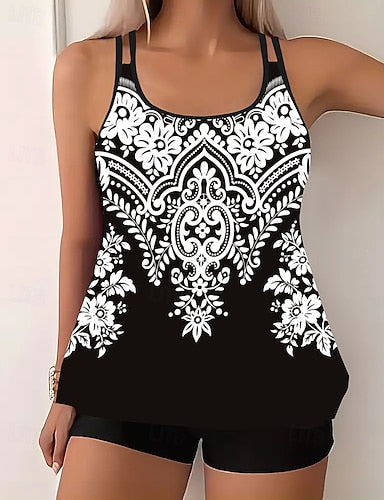 Swimwear 2 Piece Shorts Swimsuit Backless Vacation Beach Wear Graphic Round Neck Sleeveless Bathing Suits