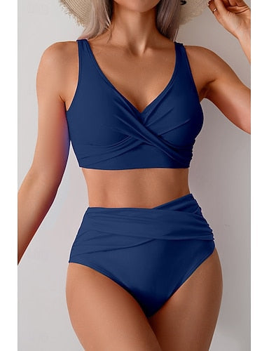 Swimwear Bikini Swimsuit Ruched High Waisted Tropical Beach Wear Plain V Wire Sleeveless Bathing Suits