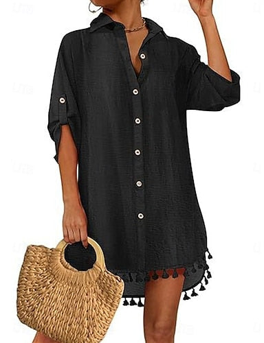 Mini Dress White Dress Beach Dress Black Dress Shirt Dress Classic Daily Outdoor Beach Loose Fit Plain 3/4 Length Sleeve Shirt Collar Black White Summer Spring