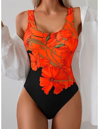 One Piece Swimsuit Slimming Monokini Briefs Tummy Control High Waist Slim Backless Vacation Graphic U Neck Sleeveless Bathing Suits