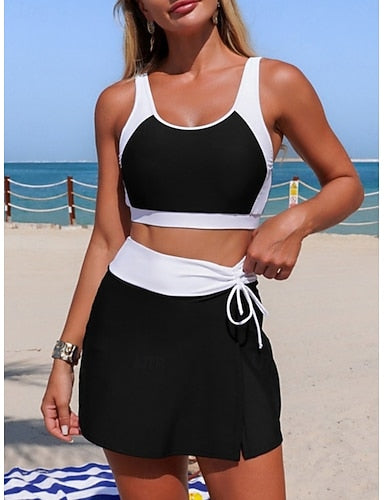 Swimwear Bikini 2 Piece Skirt Swimsuit Tummy Control High Waist Slim Backless Vacation Beach Wear Color Scoop Neck Sleeveless Bathing Suits