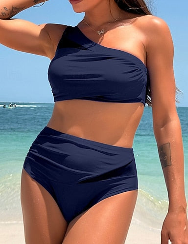Swimwear 2 Piece Cheeky Swimsuit Ruched Backless Vacation Beach Wear Plain Asymmetric Neck Sleeveless Bathing Suits