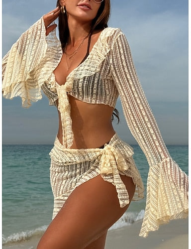 Swimwear Bikini Three Piece Cheeky Swimsuit Slim Backless Vacation Beach Wear Color Halter Neck Sleeveless Long Sleeve Bathing Suits
