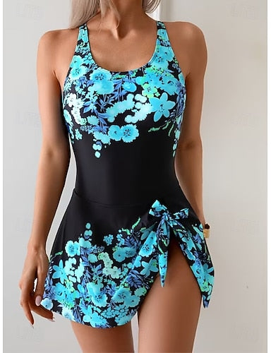 One Piece Swimsuit With Skirt Skirt Vacation Beach Wear Graphic U Neck Sleeveless Bathing Suits