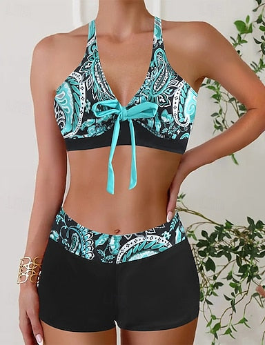 Swimwear 2 Piece Briefs Swimsuit Patchwork Backless Vacation Beach Wear V Neck Sleeveless Bathing Suits
