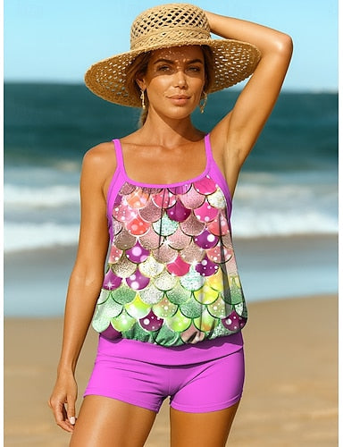 Tankini 2 Piece Swimsuit Briefs Active Vacation Ombre Graphic U Neck Sleeveless Bathing Suits