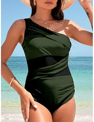 One Piece Swimsuit Ruched Monokini Mesh Tummy Control High Waist Slim Backless Vacation Color Halter Neck Sleeveless Bathing Suits