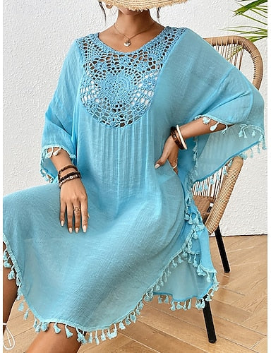 Swimwear Cover Up Rash Guard Dress Swimsuit Ruched Cut Out Vacation Color Round Neck Long Sleeve Bathing Suits