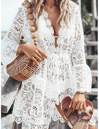 Mini Dress White Dress Beach Dress Black Dress Cover Up Flare Cuff Sleeve Daily Outdoor Beach Regular Fit Plain Long Sleeve V Neck Black White Summer Spring