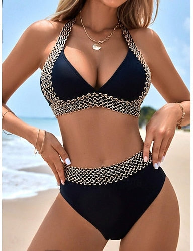 Bikini 2 Piece Swimsuit Colorblock Briefs Slim Backless Vacation Beach Wear Color Halter Neck Sleeveless Bathing Suits