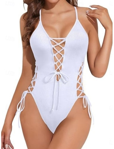 One Piece Swimsuit Cutout Monokini Tummy Control High Waist Slim Backless Vacation Beach Wear Color V Neck Sleeveless Bathing Suits
