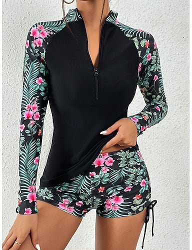 Swimwear Tankini 2 Piece Shorts Swimsuit Tummy Control High Waist Slim Vacation Beach Wear High Neck Long Sleeve Bathing Suits