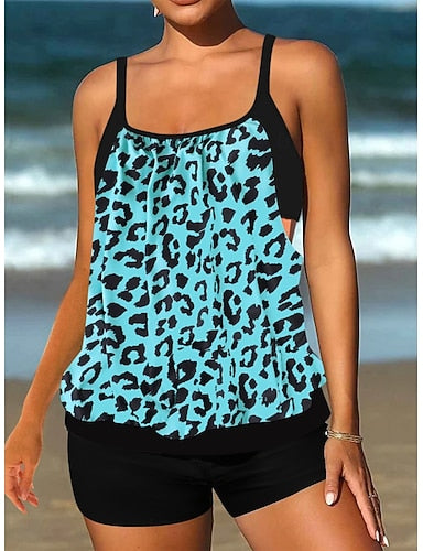 Tankini 2 Piece Swimsuit High Waist Tummy Control High Waist Slim Backless Vacation Beach Wear Graphic U Neck Sleeveless Bathing Suits