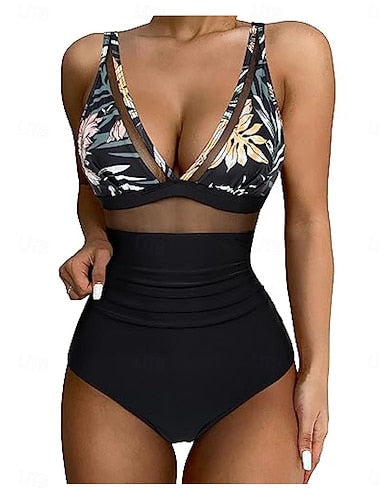 Swimwear One Piece Monokini Swimsuit Mesh Tummy Control High Waist Slim Backless Vacation Beach Wear Leopard Leaves V Neck Sleeveless Bathing Suits