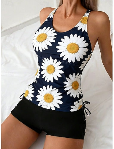Swimwear Tankini 2 Piece High Waist Swimsuit Tummy Control High Waist Slim Backless Vacation Beach Wear U Neck Sleeveless Bathing Suits