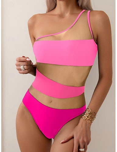 One Piece Swimsuit Cutout One Shoulder Monokini Tummy Control High Waist Slim Backless Vacation Color Asymmetric Neck Sleeveless Bathing Suits