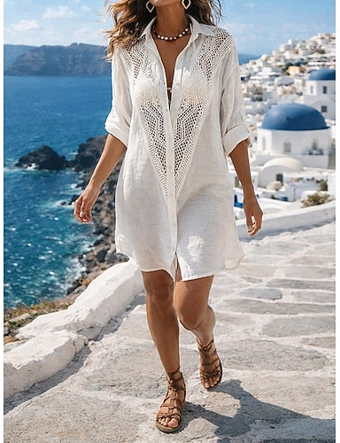 Mini Dress Faux Cotton Linen Shirt Dress White Dress Cover Up Hawaiian Beach Vacation Holiday Loose Fit Long Sleeve Shirt Collar Black White Summer