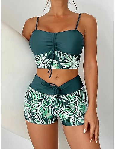 Swimwear Tankini Cheeky Swimsuit Patchwork Vacation Beach Wear Graphic Round Neck Sleeveless Bathing Suits