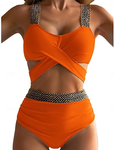 Bikini 2 Piece Swimsuit Cutout Briefs Slim Backless Vacation Beach Wear Color V Neck Sleeveless Bathing Suits