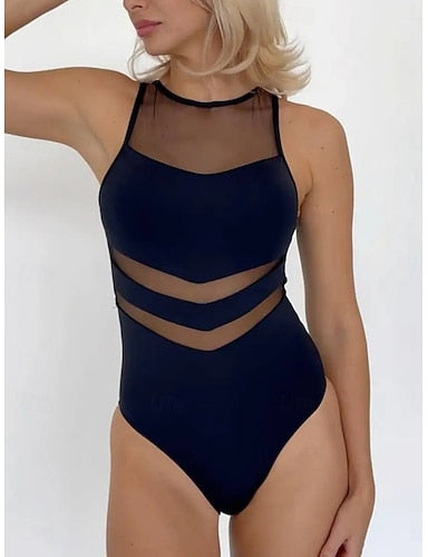 Swimwear One Piece Monokini High Cut Swimsuit Mesh Tummy Control High Waist Slim Backless Vacation Beach Wear Color Round Neck Sleeveless Bathing Suits