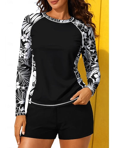 Regular Rash Guard Swimsuit Rash Guard Print Swimsuit Tropical Color-blocking 2 Piece Removable Pad Boyleg Uv Sun Protection Upf50+ Elastic Long Sleeve Swimwear Sun Shirt