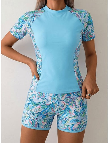 Swimwear Tankini 2 Piece Shorts Swimsuit Tummy Control High Waist Slim Backless Vacation Beach Wear Graphic High Neck Short Sleeves Bathing Suits