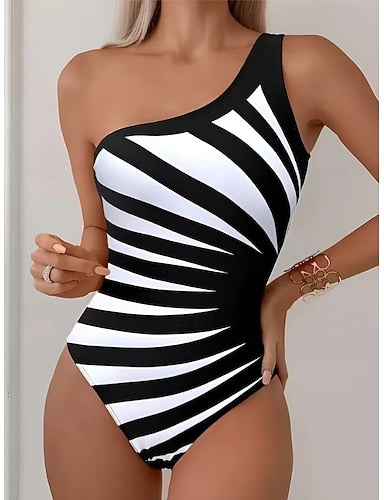 One Piece Swimsuit Slimming Colorblock Monokini High Cut Tummy Control High Waist Slim Backless Vacation Beach Wear Graphic Geometric Asymmetric Neck Sleeveless Bathing Suits