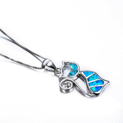Blue Fire Opal Cat Sterling Silver Necklace