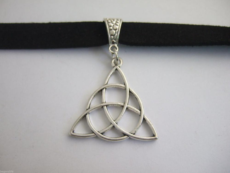 Celtic Trinity Knot Black Flat Faux Suede Necklace