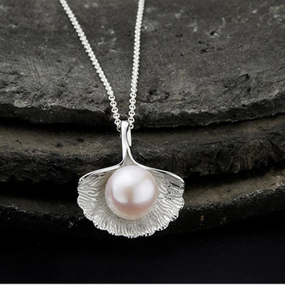 Pearl in Ginkgo Leaf Sterling Silver Necklace