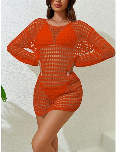 Cover Up Swimsuit Dress Cut Out Vacation Beach Wear Color Round Neck Long Sleeve Bathing Suits