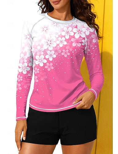 Medium Rash Guard Swimsuit Rash Guard Print Swimsuit Tropical Color-blocking 2 Piece Removable Pad Boyleg Uv Sun Protection Upf50+ Elastic Long Sleeve Swimwear Sun Shirt Surfing