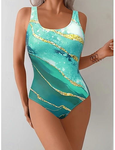 One Piece Swimsuit Slimming Monokini High Cut Tummy Control High Waist Slim Backless Vacation Graphic Geometric U Neck Sleeveless Bathing Suits