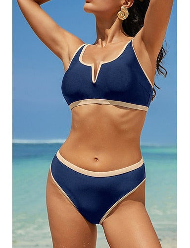 Swimwear Bikini 2 Piece Swimsuit Backless Patchwork Tropical Beach Wear Color Block V Neck Sleeveless Bathing Suits