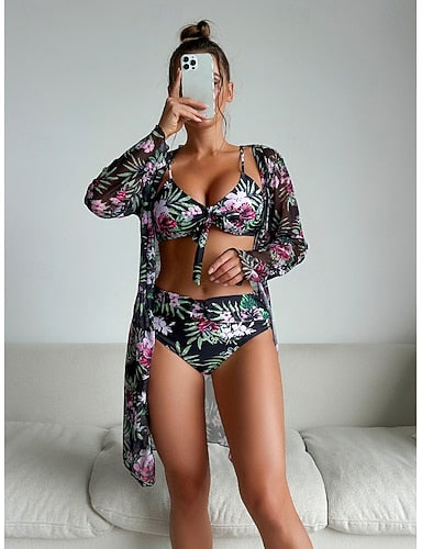 Bikini 3 Piece Swimsuit Palm Briefs Slim Backless Vacation Beach Wear V Neck Sleeveless Long Sleeve Bathing Suits