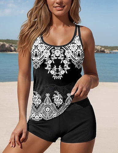 Tankini 2 Piece Swimsuit Boy Leg Backless Vacation Beach Wear Geometric U Neck Sleeveless Bathing Suits