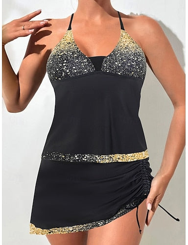 Tankini 2 Piece Swimsuit Ruched Skirt Tummy Control High Waist Slim Backless Vacation Beach Wear Ombre Halter Neck Sleeveless Bathing Suits
