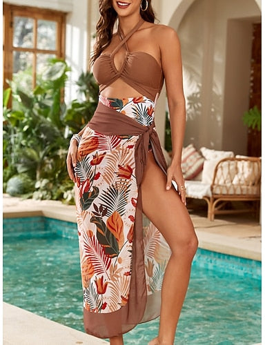 Swimwear One Piece 2 Piece Monokini Skirt Swimsuit Tummy Control High Waist Slim Backless Vacation Beach Wear Striped Halter Neck Sleeveless Bathing Suits
