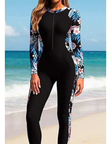 Rash Guard Full Body Rash Guard One Piece Surfing Suit Tropical Zip Up With Built in Bra Front Zip Uv Sun Protection Full Coverage Upf50+ Long Sleeve Full Body Swimwear Bodysuit