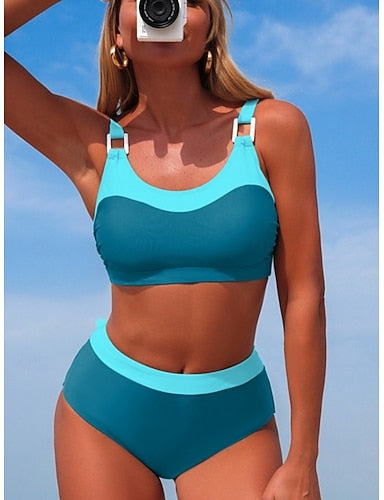 Swimwear Bikini 2 Piece Briefs Swimsuit Tummy Control High Waist Slim Backless Vacation Beach Wear Color Block U Neck Sleeveless Bathing Suits