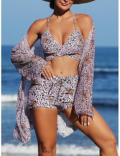 Bikini 3 Piece Swimsuit Shorts Slim Backless Vacation Beach Wear V Neck Sleeveless Bathing Suits