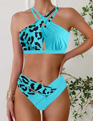Swimwear 2 Piece Cheeky Swimsuit Cut Out Backless Vacation Beach Wear Leopard Halter Neck Sleeveless Bathing Suits