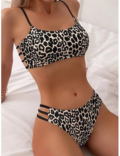 Bikini 2 Piece Swimsuit Leopard Cheeky Backless Slim Vacation Beach Wear Scoop Neck Sleeveless Bathing Suits